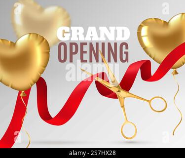 Grande apertura. Invito per le feste di lusso, nastro di seta rossa tagliato a forbice, design banner di apertura per cerimonie o volantino promozionale per lancio vettoriale evento sfondo 3d. Grande apertura. Invito per le feste di lusso, nastro di seta rossa tagliato a forbice, design banner di apertura per cerimonie o sfondo vettoriale del volantino promozionale Illustrazione Vettoriale