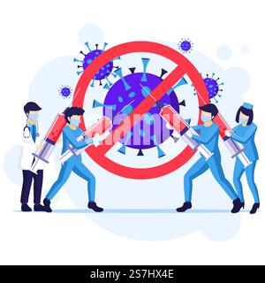 Le persone combattono il concetto di virus, Dottore e infermieri usano l'arma per combattere Covid-19 coronavirus illustrazione Illustrazione Vettoriale