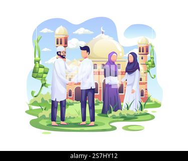 La gente musulmana felice celebra Eid Mubarak stringendo la mano davanti all'illustrazione vettoriale della moschea Illustrazione Vettoriale