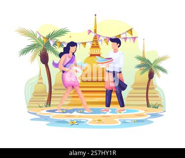 Happy Couple celebra il festival di Songkran spruzzando acqua l'una sull'altra. Illustrazione vettoriale Illustrazione Vettoriale
