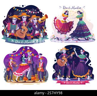 Set di dia De Muertos con due teschi che ballano insieme con musica e scheletri musicisti celebra dia De Los Muertos. Day of Dead, tradizionale festa messicana di Halloween. illustrazione vettoriale Illustrazione Vettoriale