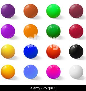 Palline colorate tridimensionali. Set di sfere colorate e realistiche. Vettore. Set di sfere colorate e realistiche. Illustrazione Vettoriale