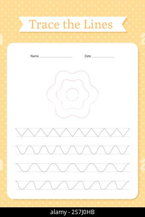 Foglio di lavoro linee di traccia. Tracciatura manuale per il libro degli esercizi per bambini. Pratica di scrittura educativa per bambini. esercitazione. Libro di apprendimento con la mela. Illustrazione vettoriale. Giochi di calligrafia in età prescolare. Formato carta A4.. Foglio di lavoro linee di traccia. Pratica di scrittura in età prescolare per bambini. Illustrazione vettoriale. Illustrazione Vettoriale