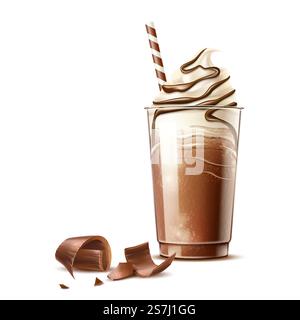 Caffè frappé realistico in una tazza di plastica usa e getta con paglia e fette di cioccolato. Caffè freddo vettoriale con panna montata e ricoperta di cacao. Cocktail di frappè al caffè delizioso dessert con scaglie di cioccolato. Crema al caffè e cioccolato Vector realistici Illustrazione Vettoriale