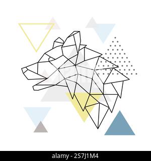 Silhouette geometrica Wolf su sfondo triangolare. Emblema poligonale. Vista laterale. Background scandinavo. Illustrazione vettoriale. Illustrazione Vettoriale