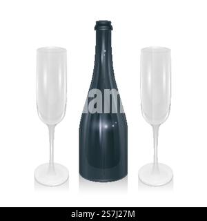 Bottiglia di champagne e bicchieri da champagne su sfondo chiaro, illustrazione vettoriale EPS 10 realistica. Bottiglia di champagne e bicchieri da champagne su sfondo chiaro, realistica illustrazione vettoriale Illustrazione Vettoriale