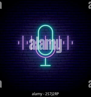 Cartello al neon per podcast. Icona del microfono al neon luminoso su sfondo murato scuro. Modello di disegno vettoriale. Illustrazione Vettoriale