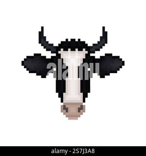 Icona Cow pixelated Cartoon. Design pixel. Mucca muso isolato su sfondo bianco. Illustrazione vettoriale. Illustrazione Vettoriale
