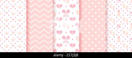 Fantasie senza cuciture rosa bambino. Stampe pastello. Sfondi doccia per bambini. Set di texture per bambini... Doccia per bambini con motivi pastello. Sfondi rosa senza cuciture. Illustrazione vettoriale. Illustrazione Vettoriale