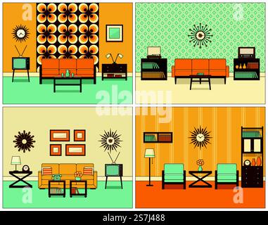 Interno della camera. Vettore. Salotti retrò. Design piatto. Sfondo vintage. Interni del soggiorno in linea con le opere d'arte. Illustrazione del vettore lineare retrò. Illustrazione Vettoriale