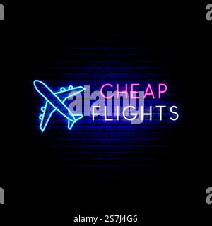 Cartello aeroplano al neon. Banner al neon luminoso con pubblicità sui biglietti aerei. Concetto di voli economici. Illustrazione vettoriale in stile neon. Illustrazione Vettoriale