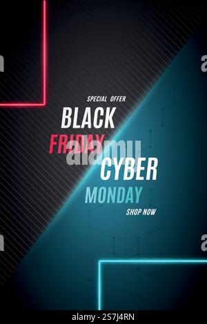 Volantino di vendita per il Black Friday e il Cyber Monday. Design astratto in nero e blu per poster promozionali, striscioni e volantini. Modello vettoriale. Illustrazione Vettoriale
