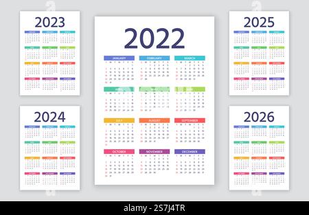 Calendario 2022, 2023, 2024, 2025, 2026 anni. La settimana inizia domenica. Semplice modello annuale di calendari tascabili o da parete. Calendario 2022, 2023, 2024, 2025, 2026 anni. Illustrazione vettoriale. Modello semplice. Illustrazione Vettoriale