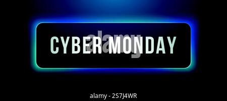 Banner promozione Cyber Monday. Arte vettoriale per la tua azienda. Banner di vendita con bagliore blu. Modello di disegno vettoriale isolato su sfondo blu scuro. Illustrazione Vettoriale