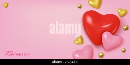 Biglietto d'auguri per San Valentino, realistico cuore rosso e oro in 3D. Illustrazione Vettoriale