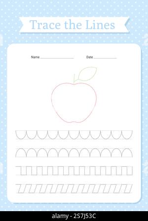 Foglio di lavoro linee di traccia. Tracciatura delle mani per bambini. Esercitazione di scrittura per bambini. Libro di apprendimento con fiori e onde. Illustrazione vettoriale. Giochi educativi di scrittura a mano in età prescolare. Formato carta A4.. Foglio di lavoro linee di traccia. Pratica di scrittura per bambini. Illustrazione vettoriale. Illustrazione Vettoriale
