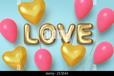 Sfondo per San Valentino con palloncini realistici di colore rosa e oro Illustrazione Vettoriale