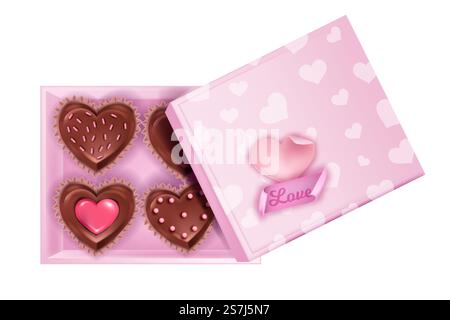 Piazza San Valentino aperta con caramelle al cioccolato e dolci a forma di cuore, torte e coperchio. Festa febbraio illustrazione romantica a sorpresa con cupcake, dessert, adesivo d'amore. Scatola di caramelle rosa Illustrazione Vettoriale