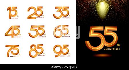 Set di logotipo Logo Anniversary, Celebrate Anniversary Logo Emboss per l'evento celebrativo di congratulazioni, invito, saluto, Abstract 15 25 35 45 55 65 75 85 95 argento e logo dorato Illustrazione Vettoriale