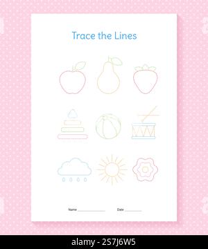 Foglio di lavoro linee di traccia. Tracciatura delle mani per bambini. Libro di apprendimento. Esercitazione didattica per bambini. Illustrazione vettoriale. Giochi di calligrafia in età prescolare. Formato carta A4.. Foglio di lavoro linee di traccia. Esercitazione didattica per bambini. Illustrazione vettoriale. Illustrazione Vettoriale
