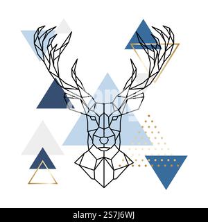 Cervo geometrico scandinavo. Moderno muro stampabile Art Renna a testa poligonale astratta. Design per tatuaggio, logo, emblema, poster. Stile Scandi. Illustrazione Vettoriale