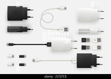 Cavi micro USB 3D realistici, connettori, prese e spine. Set di connettori bianchi e neri isolati. Utilizzato per la ricarica di telefoni cellulari o smartphone o per il collegamento di dispositivi PC. Illustrazione vettoriale. Cavi micro USB 3D realistici, connettori, prese e spine Illustrazione Vettoriale