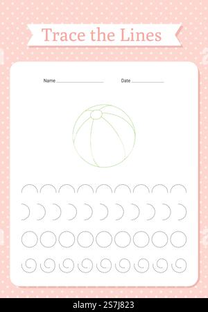 Foglio di lavoro linee di traccia. Tracciatura delle mani per bambini. Esercitazione didattica per bambini. Libro di apprendimento con la palla. Illustrazione vettoriale. Giochi di calligrafia in età prescolare. Formato carta A4.. Foglio di lavoro linee di traccia. Gioco di scrittura a mano in età prescolare. Illustrazione vettoriale. Illustrazione Vettoriale