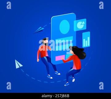 Piccole persone in movimento in 3d intorno a soluzioni aziendali o elementi di esperienza utente che lavorano insieme. Concetto di lavoro di squadra. Illustrazione vettoriale. Piccole persone in movimento in 3d intorno a soluzioni aziendali o elementi di esperienza utente che lavorano insieme. Concetto di lavoro di squadra. Illustrazione Vettoriale
