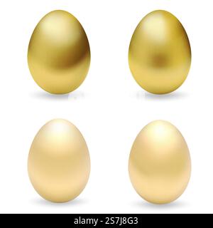 Uova di pasqua d'oro realistiche. Set di uova 3d d'oro. Uovo d'oro realistico con texture. Vettore Illustrazione Vettoriale