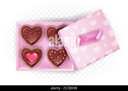 Apertura scatola quadrata caramelle al cioccolato per San Valentino e giorno con dolci a forma di cuore o biscotti, coperchio. Festa febbraio illustrazione romantica a sorpresa con adesivo d'amore, cupcake, dessert. Scatola di caramelle rosa Illustrazione Vettoriale
