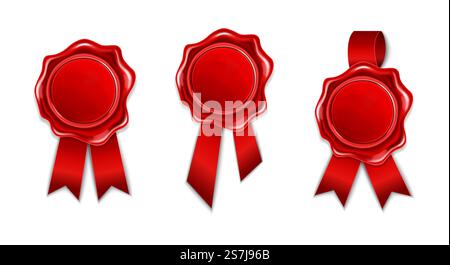 Raccolta della guarnizione di cera rossa con nastro isolato su sfondo bianco. Timbro retrospettivo rotondo realistico per documenti, buste, lettere o striscioni. Concetto di qualità, marchio di garanzia. Illustrazione vettoriale. Raccolta della guarnizione di cera rossa con nastro isolato su sfondo bianco. Timbro retrospettivo rotondo realistico per documenti, buste, lettere o striscioni. Concetto di qualità, marchio di garanzia. Illustrazione vettoriale Illustrazione Vettoriale