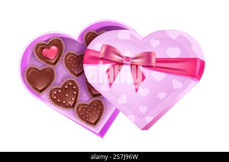 Festa d'amore di San Valentino aperta scatola rosa a forma di cuore con caramelle al cioccolato, nastro, fiocco. Illustrazione romantica a sorpresa del dessert. Caramelle di cioccolato in regalo per le vacanze isolate su sfondo bianco Illustrazione Vettoriale