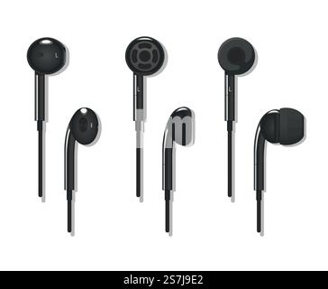 Un set di cuffie nere su sfondo bianco, con lati diversi. Cuffie stereo diverse. Cuffie moderne di diversi tipi. ESP vettoriale 10 Illustrazione Vettoriale
