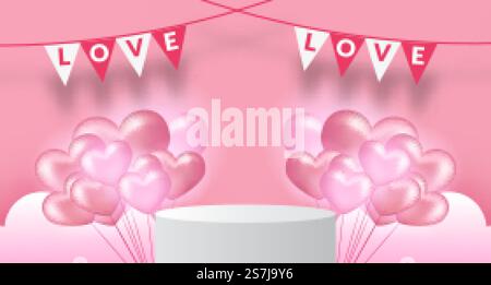 modello per banner per san valentino con espositore a piedistallo e palloncino realistico a forma di cuore in 3d, sfondo rosa pastello Illustrazione Vettoriale