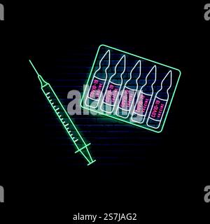 Segni della siringa al neon e del vaccino. Ferma il concetto di coronavirus in stile neon. Vaccino anti Covid 19. Illustrazione vettoriale. Illustrazione Vettoriale