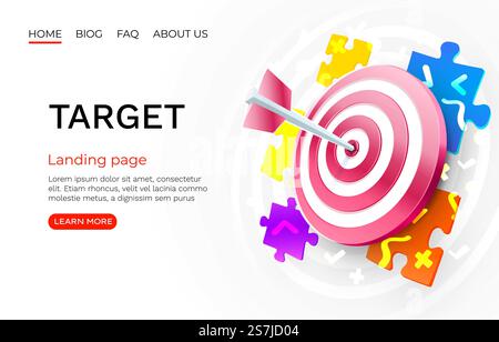 Target puzzle landing page, banner business icona 3D. Illustrazione vettoriale. Target puzzle landing page, banner business icona 3D. Vettore Illustrazione Vettoriale