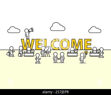 Testo di benvenuto ufficio di lavoro con persone. Illustrazione vettoriale Illustrazione Vettoriale