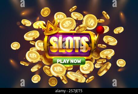 Gioca ora slot, monete d'oro, slot machine del casinò, jackpot notturno Vegas. Illustrazione vettoriale. Gioca ora slot, monete d'oro, slot machine del casinò, jackpot notturno Vegas. Vettore Illustrazione Vettoriale