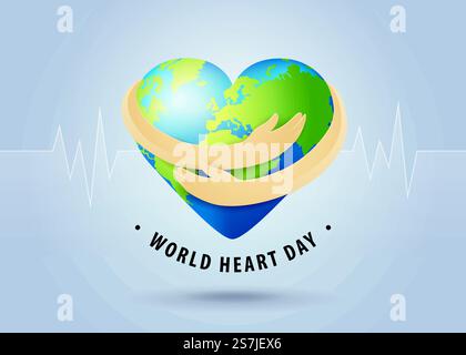 Concetto di illustrazione World Heart Day. World Planet Earth with Heart Shape, Hands Hug the Globe, Heart with Hand Embrace, Happy Earth Day, Abstract Heartbeat background, Stethoscope Sign Illustrazione Vettoriale