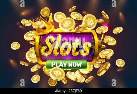 Gioca ora slot, monete d'oro, slot machine del casinò, jackpot notturno Vegas. Illustrazione vettoriale. Gioca ora slot, monete d'oro, slot machine del casinò, jackpot notturno Vegas. Vettore Illustrazione Vettoriale