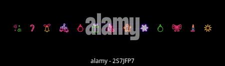 Set di elementi decorativi natalizi in stile neon. Collezione di icone natalizie al neon su sfondo murale scuro. Illustrazione vettoriale. Illustrazione Vettoriale