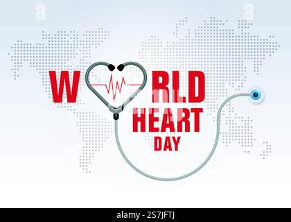 Concetto di illustrazione giornata mondiale del cuore. Stetoscopio con forma di cuore, segno onda di cuore, abbraccio il globo, giornata della Terra felice, sfondo mappa mondo astratto, Illustrazione Vettoriale