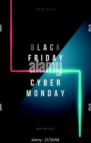 Banner verticale Black Friday e Cyber Monday. Lampade a LED al neon rosse e blu su sfondo scuro con spazio di testo. Illustrazione del vettore di stock. Illustrazione Vettoriale