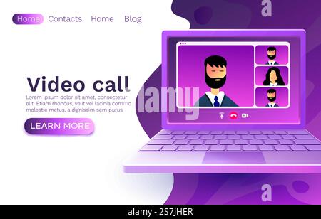 Videochiamata chat su laptop, conversazione tra persone concettuali, app banner Web. Illustrazione vettoriale. Videochiamata chat su laptop, conversazione tra persone concettuali, app banner Web. Vettore Illustrazione Vettoriale