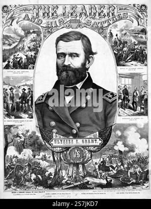 Ulysses S. Grant (1822 – 1885) diciottesimo presidente degli Stati Uniti, dal 1869 al 1877 e generale nella guerra civile americana. Il presidente Ulysses S. Grant. Ulysses S. Grant, ritratto del busto, rivolto verso il fronte, con uniforme militare, con scene di battaglie della guerra civile americana, inclusa la resa di Vicksburg e la resa ad Appomattox. Foto Stock