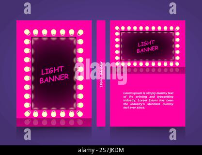 Specchio rosa con lampade, banner alla moda leggera, elemento di design di presentazione dall'aspetto retrò cornice quadrata illuminata con lampade, carta A4, illustrazione vettoriale. Specchio rosa con lampade, striscione alla moda chiaro, carta formato A4 Illustrazione Vettoriale