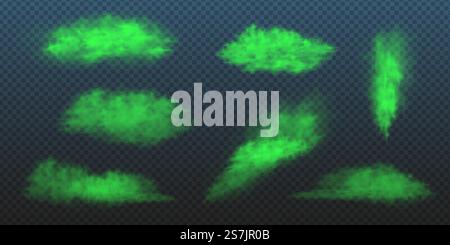 Set fumo tossico verde. Illustrazione vettoriale realistica di nuvole velenose puzzolenti, simili a scorze, vapori chimici o alito cattivo odore. Raccolta di spiacevoli odori cattivi su sfondo trasparente. Set fumo tossico verde. Illustrazione vettoriale realistica di nuvole velenose puzzolenti, simili a scorze, vapori chimici o alito cattivo odore. Raccolta di odori sgradevoli su sfondo trasparente Illustrazione Vettoriale