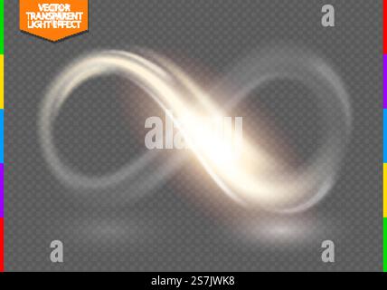 Segno dorato, linea luminosa al neon, simbolo infinito, bagliore isolato su sfondo trasparente. Illustrazione degli effetti speciali della luce vettoriale Illustrazione Vettoriale