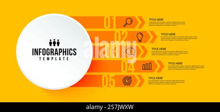 modello infografico a 5 opzioni su sfondo giallo, flusso di lavoro aziendale con concetto di più fasi Illustrazione Vettoriale