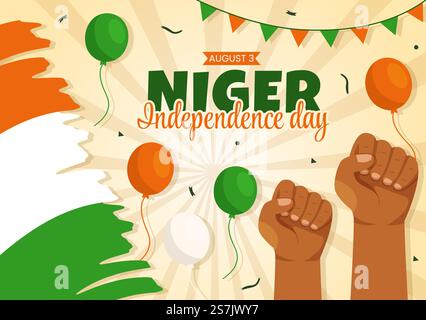 Illustrazione vettoriale del giorno della Repubblica del Niger felice con bandiera di ondulazione e festa pubblica del paese in Cartoon modelli di fondo disegnati a mano della pagina di destinazione Illustrazione Vettoriale